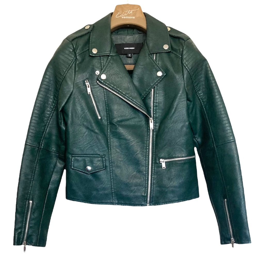 SM•VERO MODA•DARK GREEN VEGAN LEATHER MOTO JACKET•